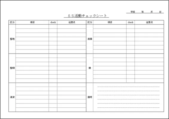 エクセルで作成した５Ｓ活動チェックシート