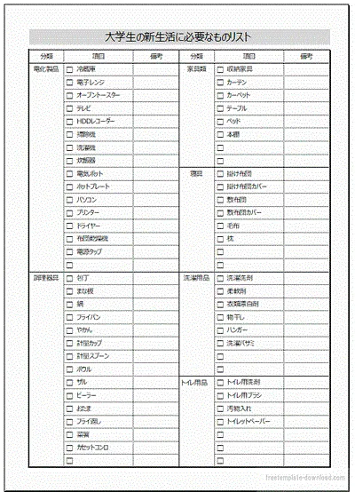 大学生の新生活に必要なものリストのテンプレート