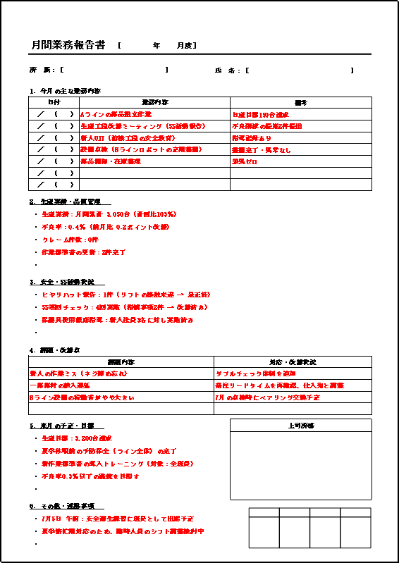 A4縦 製造業向け月間業務報告書のテンプレート