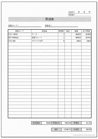 原価表のテンプレート