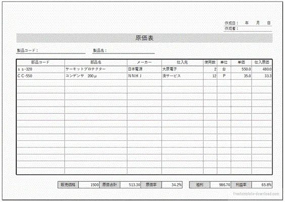 Excelで作成した原価表