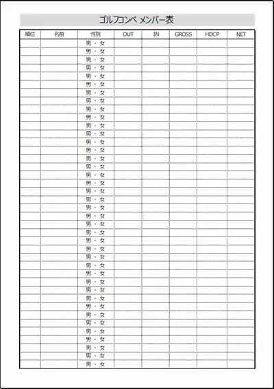 エクセルで作成したゴルフコンペ メンバー表