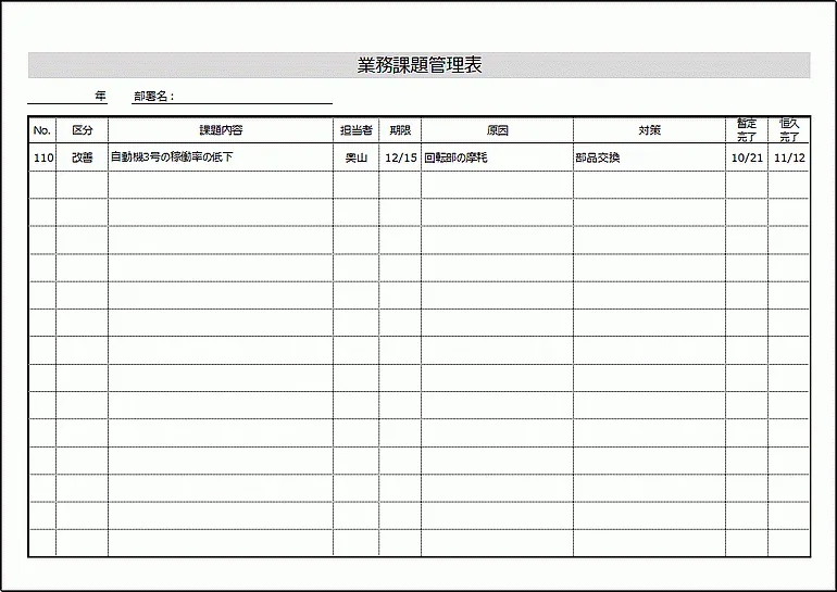 Excelで作成した業務課題管理表