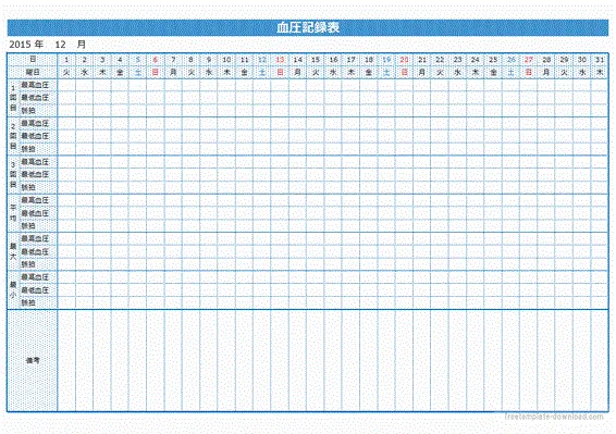 エクセルで作成した血圧記録表