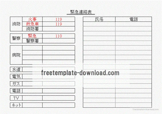 Excelで作成した緊急連絡表
