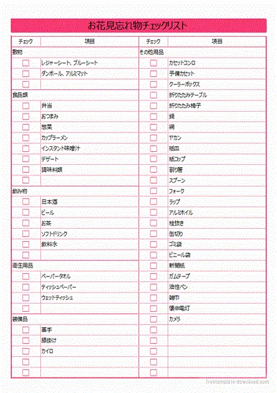 エクセルで作成したお花見忘れ物チェックリスト