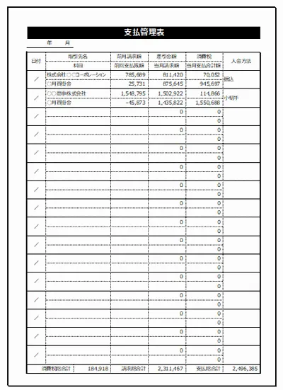 支払管理表のテンプレート