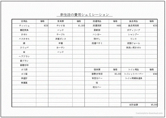 エクセルで作成した新生活の費用シュミレーション