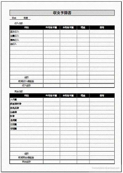 収支予算書 フォーマットのみと計算式入力 フリーテンプレート